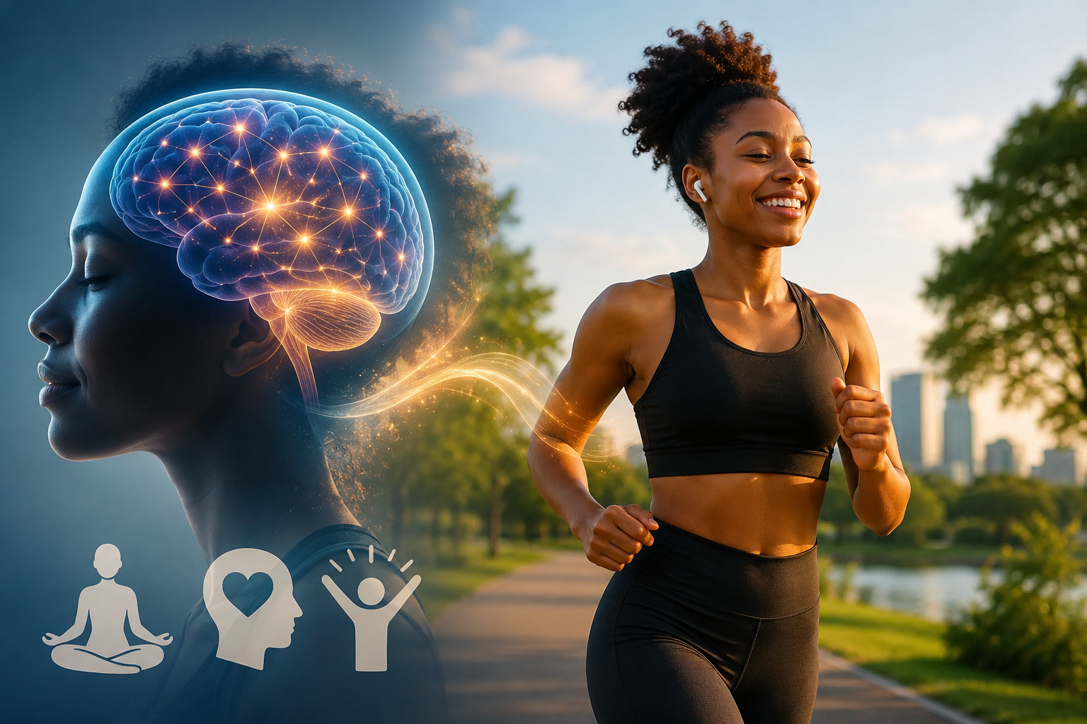 A person jogging outdoors alongside a brain illustration representing the relationship between exercise and brain health.
